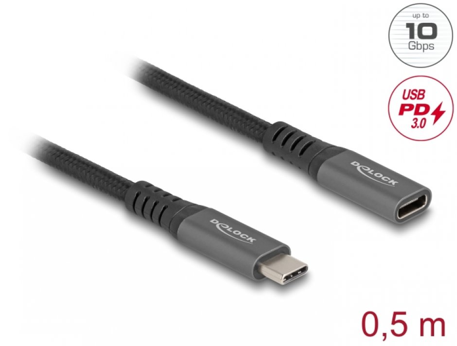 Imagine Cablu prelungitor USB 3.2 type C 10Gb/100W T-M 0.5m brodat, Delock 80021